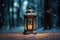 Burning vintage lantern in winter night forest