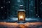 Burning vintage lantern in winter night forest