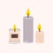 Burning wax or paraffin aromatic candles for aroma therapy isolated on light background. Cute hygge home decoration