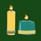 Burning wax or paraffin aromatic candles on green background. Cute hygge home decoration, holiday decorative design