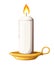 Burning white wax candle on candlestick. Glowing in flat style. Gold candle stand illustration isolated on white background