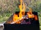 Burning wood and coal in a barbecue. Luminous coals in a grill for a barbecue in the open air, outdoors