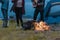 Burning wood at night. Campfire at nature in mountains. Flame and fire sparks. abstract background