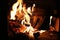 Burning wood in the stove close-up and red coals.flames