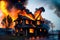 Burning wooden house at evening. Bright orange flames and dense smoke from under the tiled roof on dark sky, generative ai.