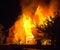 Burning wooden house at night. Bright orange flames and dense smoke from under the tiled roof on dark sky, trees silhouettes and