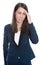 Burnout: overworked tired businesswoman in suit isolated on Whit