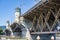 Burnside bascule Bridge with two towers across Willamette River in Portland