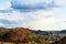 Burnt bushes from fire damage on hillside overlooking cityscape with cloudscape