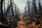 Burnt forest, dead trees. Wildfire disaster