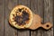 Burnt fried pancakes on a blackboard on a table in the kitchen for breakfast