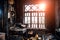 Burnt house interior. Burned kitchen, remains of furniture in black soot