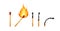 Burnt match stick with fire. Set of matchsticks with sulfur head flaming stages from ignition to extinction. Cartoon