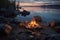 burnt out campfire with scattered rocks and a lake view