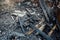 Burnt wooden planks, ruined floor of burned building