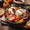 Burrata cheese and grilled peaches salad with ripe fresh tomatoes, basil and balsamic sauce topping on a wooden table. Close up.