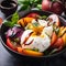 Burrata cheese salad with grilled peaches, tomatoes, red onions, basil and balsamic sauce topping on a dark background. Close up.