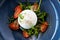 Burrata with paprika-truffle jam and cherry-cluster tomato salad. Delicious healthy Italian traditional food closeup