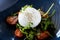 Burrata with paprika-truffle jam and cherry-cluster tomato salad. Delicious healthy Italian traditional food closeup