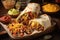 burrito and nachos platter with sizzling fajita meat, spicy salsa, and melted cheese