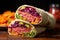 a burrito sliced open to reveal colorful ingredients