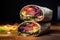 a burrito sliced open to reveal colorful ingredients