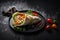 Burrito wrappers with chicken and vegetables on a black plate with copy space , Generative AI