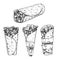 Burritos set. Hand drawn sketch style vector illustrations of traditional mexican fast food. Best for restaurant menu, packages an