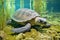 a burrowed desert water turtle feeding on aquatic plants