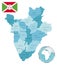 Burundi administrative blue-green map with country flag and location on a globe