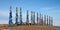 Buryat shamans sacred place. Wooden poles with ribbons