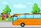 Bus arrives to stop and standing people vector illustration. Elderly and young people man woman passengers waiting for