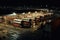 bus depot at night, with buses lined up and their headlights shining