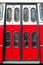 Bus doors. Close-up of red sliding doors of an old passenger bus. Retro transport