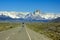 Bus going on road to mountain Fitz Roy in Patagonia