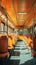 Bus interior with empty orange seats. Row of seats inside tourist bus. Public city transport. Empty city tram salon. Public land