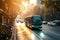 A bus navigates through a lively city street surrounded by towering buildings, A city bus converted into an electric vehicle,