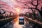 A bus is seen driving down a street that runs parallel to a river, surrounded by urban landscape, Sakura blossom season in Tokyo,