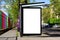 bus shelter at bus stop. blank lightbox billboard ad sign. white poster space.