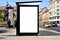 bus shelter at bus stop. blank lightbox billboard ad sign. white poster space. streetscape and traffic