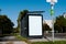 Bus shelter at a bus stop of glass and aluminum structure