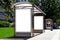 bus shelter at busstop. blank white lightbox. empty billboard. bus shelter advertising.