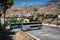 Bus station with parked buses at Chora Sfakion town on Crete island, Greece