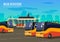 Bus station, vector flat background illustration