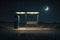bus stop with a lone bench and trash can surrounded by darkness, with only the moon and stars providing light