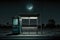 bus stop with a lone bench and trash can surrounded by darkness, with only the moon and stars providing light