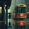 Bus stop and lonely passenger with umbrella in rainy day flat illustration. Transport city street. Generative AI