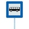 Bus Stop Sign on post pole, traffic road road sign, blue isolated signage large detailed closeup