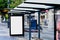 Bus stop in urban setting with blank billboard ad panel for mockup