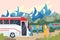 Bus stopped, tourists admire mountain landscape, road trip by transport, business tourism, cartoon style vector